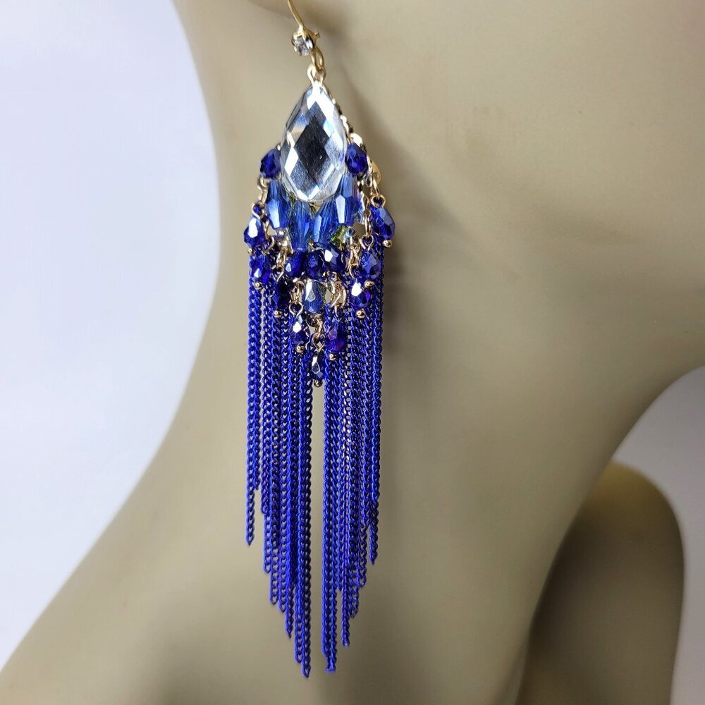 Blue Crystal Long Tassel Earrings